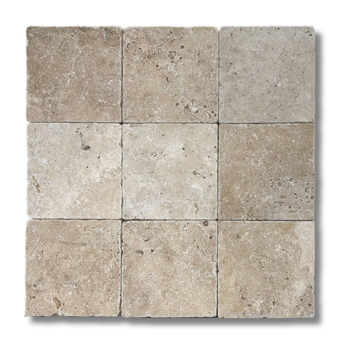 Ivory Travertine 4 x 4 Tumbled Mosaic Tile