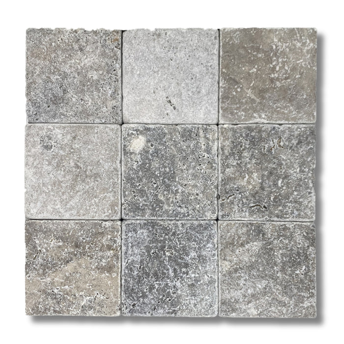 Silver Travertine 4 x 4 Tumbled Mosaic Tile